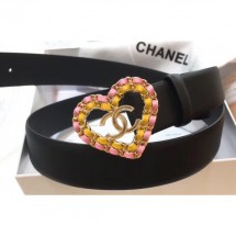 Chanel Width 3cm Chain Heart CC Logo Buckle Leather Belt Black/Pink/Yellow Belt CE01595