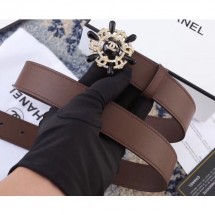 Chanel Width 3cm Crystal and Pearl Flower Buckle Leather Belt Coffee CE00639
