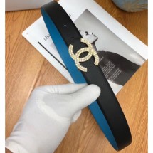 Chanel Width 3cm Crystal CC Logo Buckle Leather Belt Black/Blue CE02153