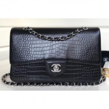 Copy Best Chanel Croco Pattern Classic Flap Medium Bag Black CE00770
