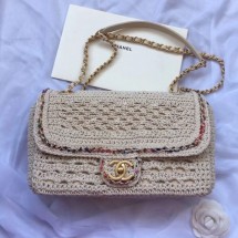 Copy Best Quality Chanel Crochet Colored Stripe Trim Medium Flap Bag White 2019 Collection CE00935