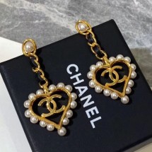 Copy Chanel Chain Leather and Pearl Heart Pendant Earrings Black/White/Gold 2019 Collection CE03417