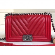Fake Chanel Caviar Leather Chevron Boy Flap Medium Bag Red/Silver CE02421