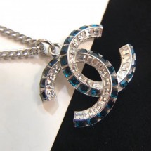 Fake Chanel Double Square Crystal CC Pendant Necklace Crystal White/Dark Blue 2019 Collection CE00846