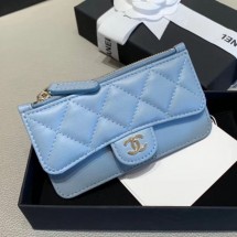 Fake Chanel Quilted Lambskin Zipped Classic Card Holder AP0767 Blue 2019 Collection CE00644