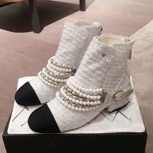 Fake Designer Chanel Pearl Chain Buckle Short Boots White 2019 Collection CE04160