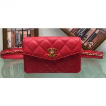 Fashion Fake Chanel Vintage Chain Belt Quilted Fanny Pack Waist Flap Bag Lambskin Red CE02014
