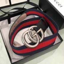 Gucci Web Fabric Belt 38mm with GG Buckle Red/Blue/Silver 2019 Collection CE00974