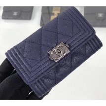 High Imitation Chanel Grained Calfskin Boy Flap Card Holder A80603 Navy Blue/Silver CE02867