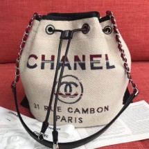 Hot Chanel Fabric Logo Print Small Drawstring Bucket Bag Beige White 2019 Collection CE04216