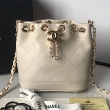 Imitation Chanel Quilted Leather Chain Drawstring Mini Bucket Bag White 2019 Collection CE04381