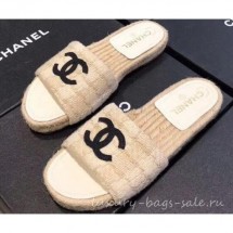 Knockoff Chanel CC Logo Tweed Mules Slipper Sandals Espadrilles G34067 Beige 2019 CE00622