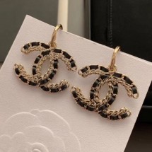 Knockoff Chanel Chain Leather CC Short Earrings Black/Gold 2019 Collection CE04061