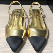 Knockoff Cheap Chanel Lambskin and Satin Slingbacks G35261 Metallic Gold/Black 2020 CE03520