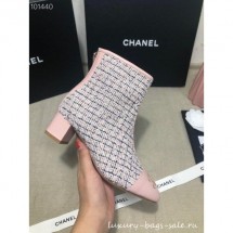 Replica Chanel CC Logo Ankle Boots Tweed Pink 2020 CE03496