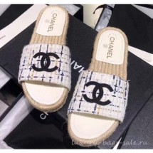 Replica Chanel CC Logo Tweed Mules Slipper Sandals Espadrilles G34067 Gray 2019 CE04224
