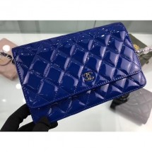 Replica Luxury Chanel Wallet On Chain WOC Bag in Patent Leather Blue/Silver CE01787