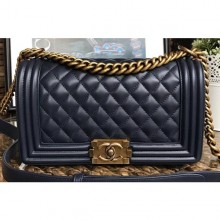 AAA 1:1 Chanel Lambskin Boy Flap Medium Bag Navy Blue/Gold CE02481