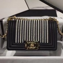 AAA 1:1 Chanel Pearl Calfskin Small Boy Flap Bag A67085 Black 2019 Collection CE00792