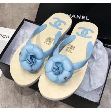 AAA Chanel Rubber Camellia Thong Slides Sandals Light Blue 2020 Collection CE00684