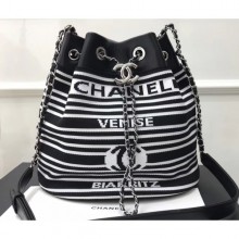 AAAAA Chanel Venise Biarritz Mixed Fibers Drawstring Bag AS0464 Black/White 2019 CE02276