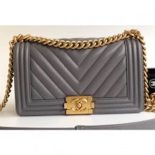 Best Chanel Caviar Leather Chevron Boy Flap Medium Bag Gray/Gold CE02087