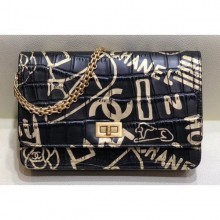 Best Chanel Reissue 2.55 Crocodile Embossed Printed Leather Wallet on Chain WOC Bag A70328 Black 2019 CE01372