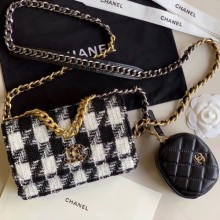 Chanel 19 Houndstooth Tweed Wallet on Chain WOC and Coin Purse AP0985 Black/White 2019 Collection CE03948