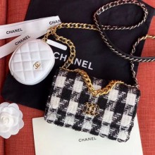 Chanel 19 Houndstooth Tweed Wallet on Chain WOC and Coin Purse AP0985 White/Black 2019 Collection CE01148