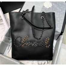 Chanel Calfskin & Chain Logo Shopping Bag Black 2020 Collection CE03025