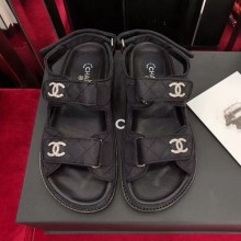 Chanel Canvas Strap Crystal CC Flat Sandals G3445 Black 2020 Collection CE02752