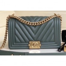 Chanel Caviar Leather Chevron Boy Flap Medium Bag Gray Green/Gold CE03096