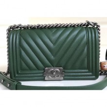 Chanel Caviar Leather Chevron Boy Flap Medium Bag Green/Silver CE02664