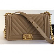 Chanel Caviar Leather Chevron Boy Flap Medium Bag Tan/Gold CE01824