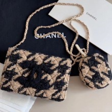 Chanel CC Houndstooth Tweed Wallet on Chain WOC and Coin Purse Beige/Black 2019 Collection CE03222
