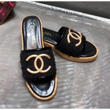 Chanel CC Metal Logo Tweed Flat Slide Sandals Black 2020 Collection CE04156