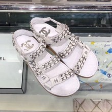 Chanel Chain Leather Strap Flat Sandals White 2020 Collection CE02882