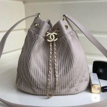 Chanel Chevron Pleated Bucket Bag Light Gray 2019 Collection CE02024