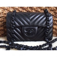 Chanel Chevron So Black Small Classic Flap Bag 1116 in Lambskin CE02017