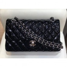 Chanel Classic Flap Medium Bag Black in Patent Leather with Silver Hardware CE03366