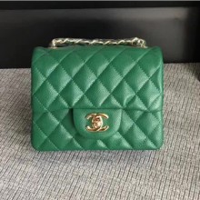 Chanel Classic Flap Mini Bag A1115 in Caviar Leather Green with Golden Hardware CE01750