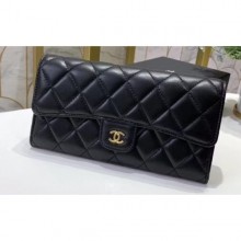 Chanel Classic Long Flap Wallet 30077 Lambskin Black/Gold CE00782