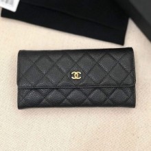 Chanel Classic Quilted Grained Leather Flap Wallet A50096 Black/Gold Collection CE02729