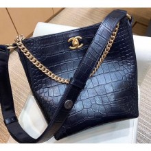 Chanel Crocodile Embossed Calfskin Button Up Hobo Bag Black 2019 CE03099