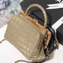 Chanel Crocodile Embossed Calfskin Kiss-Lock Double Top Handle Bag AS0796 Gold/Black 2019 Collection CE01284