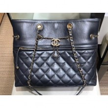 Chanel Drawstring Shopping Tote Bag with Zip Dark Silver Gray 2019 CE04091
