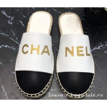 Chanel Gold Logo Espadrilles Mules White/Black 2019 CE02267