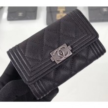 Chanel Grained Calfskin Boy Flap Card Holder A80603 Black/Silver CE04260