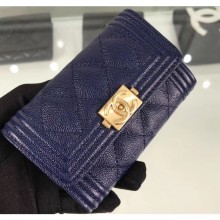 Chanel Grained Calfskin Boy Flap Card Holder A80603 Navy Blue/Gold CE01616