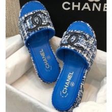 Chanel Heel CC Logo Tweed Mules Blue 2020 CE04352